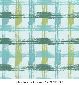 Tartan Pattern in Green and Azure. Ink texture cool crossed stripes grid.