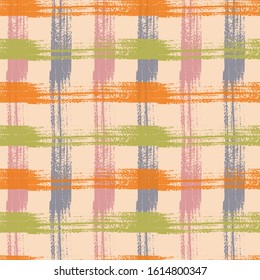 Tartan Pattern in Green and Orange. Boho striped fabric print textile design.