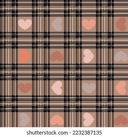 Tartan pattern with hearts. Beige colours. Scottish checkered background. Traditional scottish ornament. Seamless fabric texture. Christmas new year decor. Vector illustration