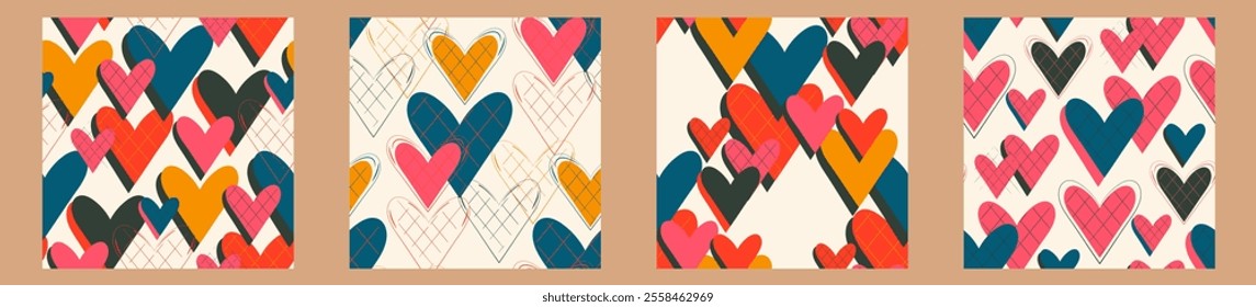 Tartan pattern Hearts  seamless pattern set, wafer cookies texture, original drawn textile saint valentine's day wallpaper for wrapping paper, greeting card, invitations