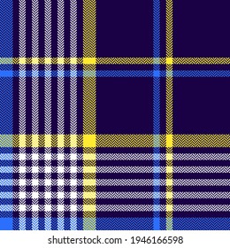 Tartan pattern herringbone colorful vector texture in navy blue, neon yellow, white. Seamless large bright check plaid for blanket, scarf, duvet, other modern autumn winter fashion textile design.