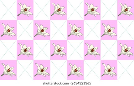a tartan pattern pink pastel color with lilly flowers , design for fabric or various pattern printing works.