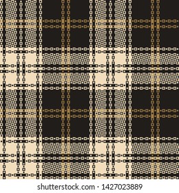 Tartan pattern. Seamless check plaid in luxury gold and dark grey for modern textile print. Mosaic squares texture.