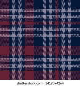 Tartan pattern. Seamless checkered plaid in dark blue, wine red, and grey for flannel shirt, poncho, scarf, or other fashion check clothing design. Herringbone pixel texture.