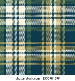 Tartan pattern. Seamless herringbone check plaid graphic in blue, green, gold, and off white for flannel shirt, blanket, throw, upholstery, duvet cover, or other modern fabric design.
