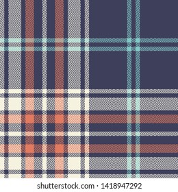 Tartan pattern. Seamless multicolor check plaid in blue, coral, light aqua, and beige for modern textile design. Herringbone pixel texture.