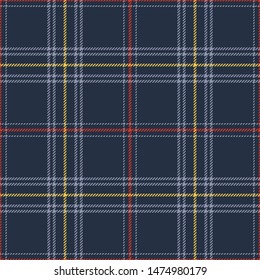 Tartan pattern. Seamless multicolored check plaid vector background in dark blue, purple, red, and yellow for flannel shirt, skirt, scarf, poncho, blanket, throw, or other modern fabric design.