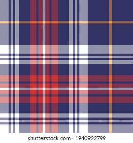 Tartan pattern seamless in navy blue, red, orange, white. Large dark bright textured herringbone plaid graphic vector for blanket, duvet cover, throw, other modern autumn winter fashion textile print.