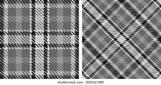 Tartan pattern set. Abstract black and white plaid seamless background. Straight and oblique scottish cage. Vector graphics printing on fabrics, shirts and textiles.