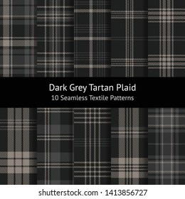 Tartan pattern set. Seamless check plaid in dark grey for flannel shirt, jacket, coat, skirt, dress, poncho, scarf, or other textile. Hounds tooth stripe texture. Swatches included.