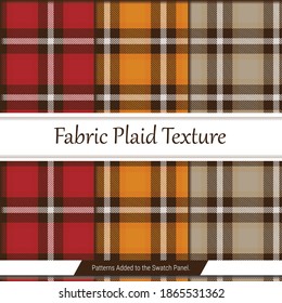 Tartan pattern set. Seamless check plaid in dark brown, red, and orange for jacket, dress, skirt, poncho, blanket, throw, or other modern textile design. Swatches included.