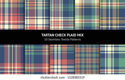 Tartan pattern set. Seamless multicolored check plaid background in blue, green, coral, gold, and off white for flannel shirt, blanket, throw, upholstery, dress, jacket, or other modern fabric design.