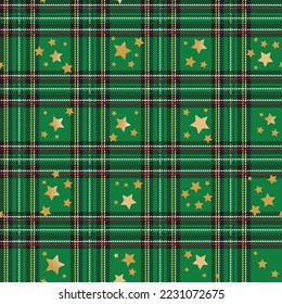 Tartan pattern with stars. Scottish checkered background. Traditional scottish ornament. Seamless fabric texture. Christmas new year decor. Vector illustration
