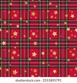 Tartan pattern with stars. Scottish checkered background. Traditional scottish ornament. Seamless fabric texture. Christmas new year decor. Vector illustration