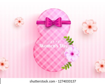 Tartan pattern text 8 with glossy ribbon on stripe background for Happy Women's Day celebration.