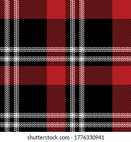 Tartan pattern vector in black, red, white. Herringbone textured seamless decorative check plaid for flannel shirt, skirt, tablecloth, duvet cover, or other Christmas textile print.