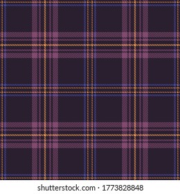 Tartan pattern vector in purple, orange, pink. Dark multicolored seamless check plaid for flannel shirt, skirt, or other modern autumn winter fashion textile print.