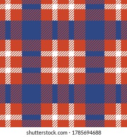 Tartan plaid check seamless pattern design in red, blue and white. Seamless fabric texture print for pajamas. Vector geometrical striped background.