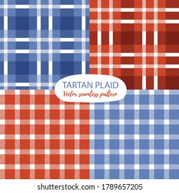 Tartán plaid verifica el diseño de patrones sin fisuras en rojo, azul y blanco. Conjunto de impresión de textura sin fisuras para pijamas. Fondo de rayas geométricas vectoriales.