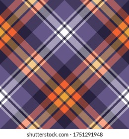 Tartan plaid colorful pattern in purple, orange, yellow, white. Seamless herringbone dark check plaid for flannel shirt, blanket, duvet cover, or other autumn winter textile design.