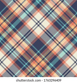 Tartan plaid colorful vector in blue, orange, yellow, turquoise, off white. Seamless herringbone check plaid graphic for skirt, flannel shirt, tablecloth, or other modern autumn winter textiles.