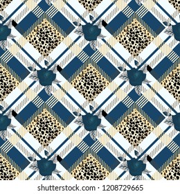 Tartan plaid with flowers and leopard skin pattern. Exotic animal and floral vector illustration.