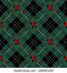 Tartan plaid with flowers and leopard skin pattern. Exotic animal and floral vector illustration. eps10