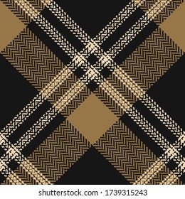 Tartan plaid gold black pattern vector. Seamless diagonal geometric design. Herringbone texture for modern textile prints.