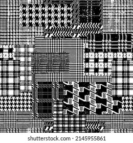 Tartan plaid houndstooth jacquard fabric patchwork abstract vector seamless pattern in black and white