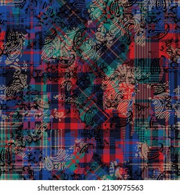 Tartan plaid and paisley fabric patchwork wallpaper vintage vector seamless pattern