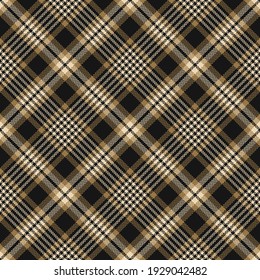 Tartan plaid pattern autumn winter in gold, black, beige. Seamless herringbone textured check plaid graphic art background for scarf, skirt, flannel shirt, other trendy fashion textile print.