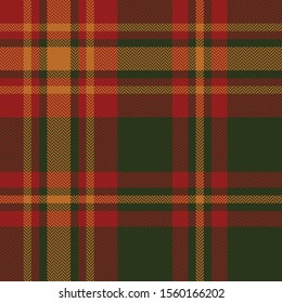 Tartan plaid pattern background for Christmas and New Year. Seamless check plaid graphic in dark green, red, and brown orange for scarf, blanket, throw, duvet cover, or other winter fabrics.