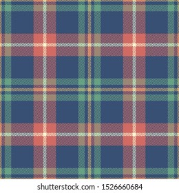 Tartan plaid pattern background. Seamless multicolored check plaid graphic in blue, green, coral, gold, and off white for flannel shirt, blanket, throw, upholstery, or other modern fabric design.