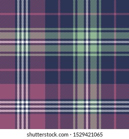 Tartan plaid pattern background. Seamless multicolored woven pixel check plaid graphic in dark blue, green, pink, and white for flannel shirt, blanket, throw, or other modern fabric design.