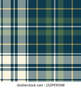 Tartan plaid pattern background. Seamless winter woven pixel check plaid graphic in dark blue, green, gold, and off white for flannel shirt, upholstery, or other modern textile design.