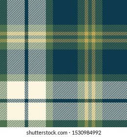 Tartan plaid pattern background. Seamless check plaid graphic in dark blue, green, gold, and off white for flannel shirt, blanket, throw, upholstery, or other modern textile design.