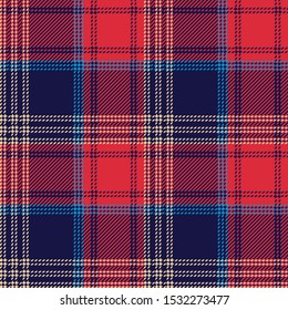 Tartan plaid pattern background. Seamless dark check plaid graphic in blue, red, and beige for flannel shirt, blanket, throw, upholstery, duvet cover, or other modern fabric design.