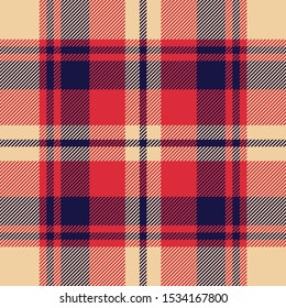 Tartan plaid pattern background. Seamless multicolored check plaid graphic in dark blue, red, and beige for flannel shirt, blanket, throw, upholstery, duvet cover, or other modern fabric design.