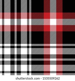 Tartan plaid pattern background. Seamless dark check plaid graphic in black, red, and white for scarf, flannel shirt, blanket, throw, upholstery, or other modern fabric design.