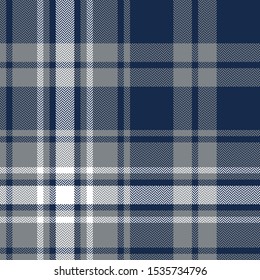 Tartan plaid pattern background. Seamless herringbone check plaid graphic in dark blue, grey, and white for scarf, flannel shirt, blanket, throw, upholstery, or other modern fabric design.