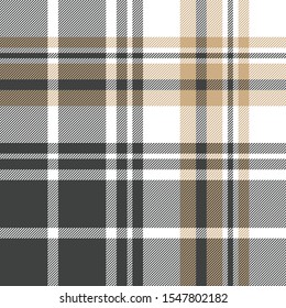 Tartan Plaid Pattern Background. Seamless Large Striped Check Plaid Graphic In Dark Grey, Beige, And White 