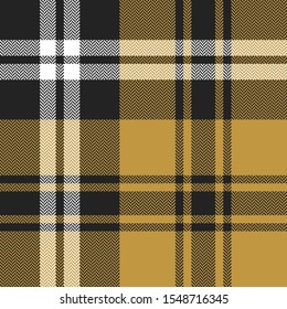 Tartan plaid pattern background. Seamless herringbone check plaid graphic in dark brown, yellow gold, and white for scarf, flannel shirt, blanket, throw, upholstery, or other winter fabric design.