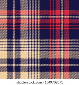 Tartan plaid pattern background. Seamless striped large check plaid graphic in beige, blue, and red for scarf, flannel shirt, blanket, throw, upholstery, or other modern winter autumn fabric design.