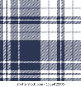 Tartan plaid pattern background. Seamless large check plaid graphic in dark blue, grey, and white for scarf, flannel shirt, blanket, throw, upholstery, or other modern fabric design.