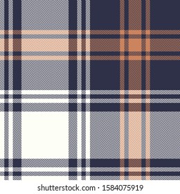 Tartan plaid pattern background. Seamless herringbone check plaid graphic in dark blue, orange, and white for flannel shirt, blanket, throw, duvet cover, or other autumn winter fabric design.