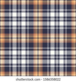 Tartan plaid pattern background. Seamless multicolored check plaid graphic in dark blue purple, yellow, soft orange, and off white for flannel shirt or other modern autumn winter fabric design.