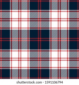 Tartan plaid pattern background. Seamless classic check plaid graphic in blue, red, and white for scarf, flannel shirt, blanket, throw, duvet cover, or other autumn winter fabric design.
