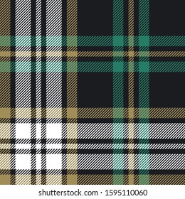 Tartan plaid pattern background. Seamless dark check plaid graphic in black, green, gold, white for flannel shirt, blanket, throw, duvet cover, or other modern autumn winter fabric design.
