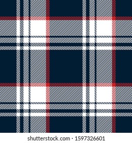 Tartan Plaid Pattern Background. Seamless Dark  Check Plaid Graphic In Navy Blue, Red, And White For Scarf, Flannel Shirt, Blanket, Throw, Duvet Cover, Or Other Autumn Winter Fabric Design.