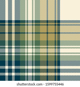 Tartan plaid pattern background. Seamless herringbone check plaid graphic in dark blue, green, gold, and off white for blanket, throw, duvet cover, or other autumn winter fabric design.